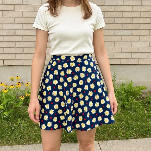 Dresses & Skirts - Retro-Inspired Navy Daisy A-Line Skirt with Red Heart Accents M